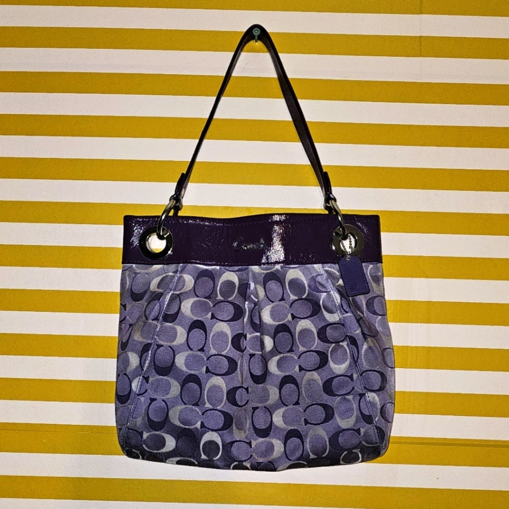 COACH MADISON Purple Sateen Optic Signature Pleated ASHLEY Hobo F18453